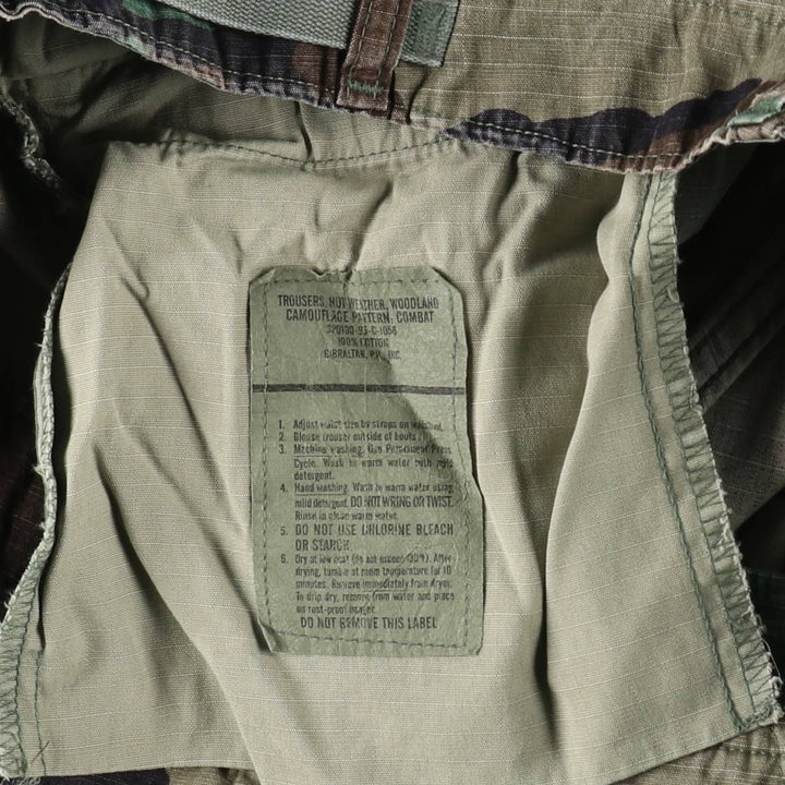 1990'S US Military Issue Camouflage Pattern Woodland Camo Ripstop Military Cargo Pants Combat Pants Made in USA MEDIUM-LONG cotton Khaki type Vintage Second Hand