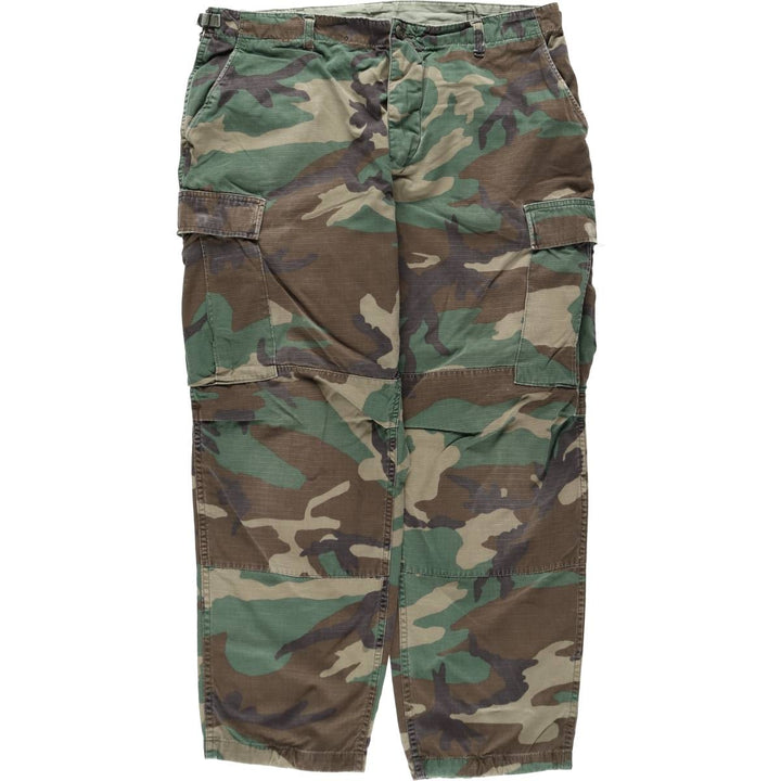 1990'S US Military Issue Camouflage Pattern Woodland Camo Ripstop Military Cargo Pants Combat Pants Made in USA Large-Short cotton Khaki type Vintage Second Hand