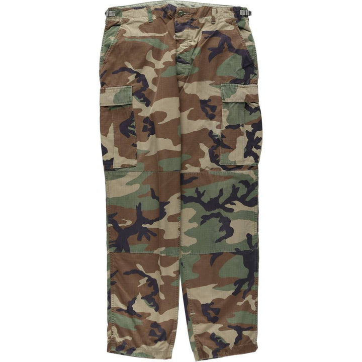 1990'S US Military Issue Camouflage Pattern Woodland Camo Ripstop Military Cargo Pants Combat Pants Made in USA Large-Long Nylon Khaki type Vintage Second Hand