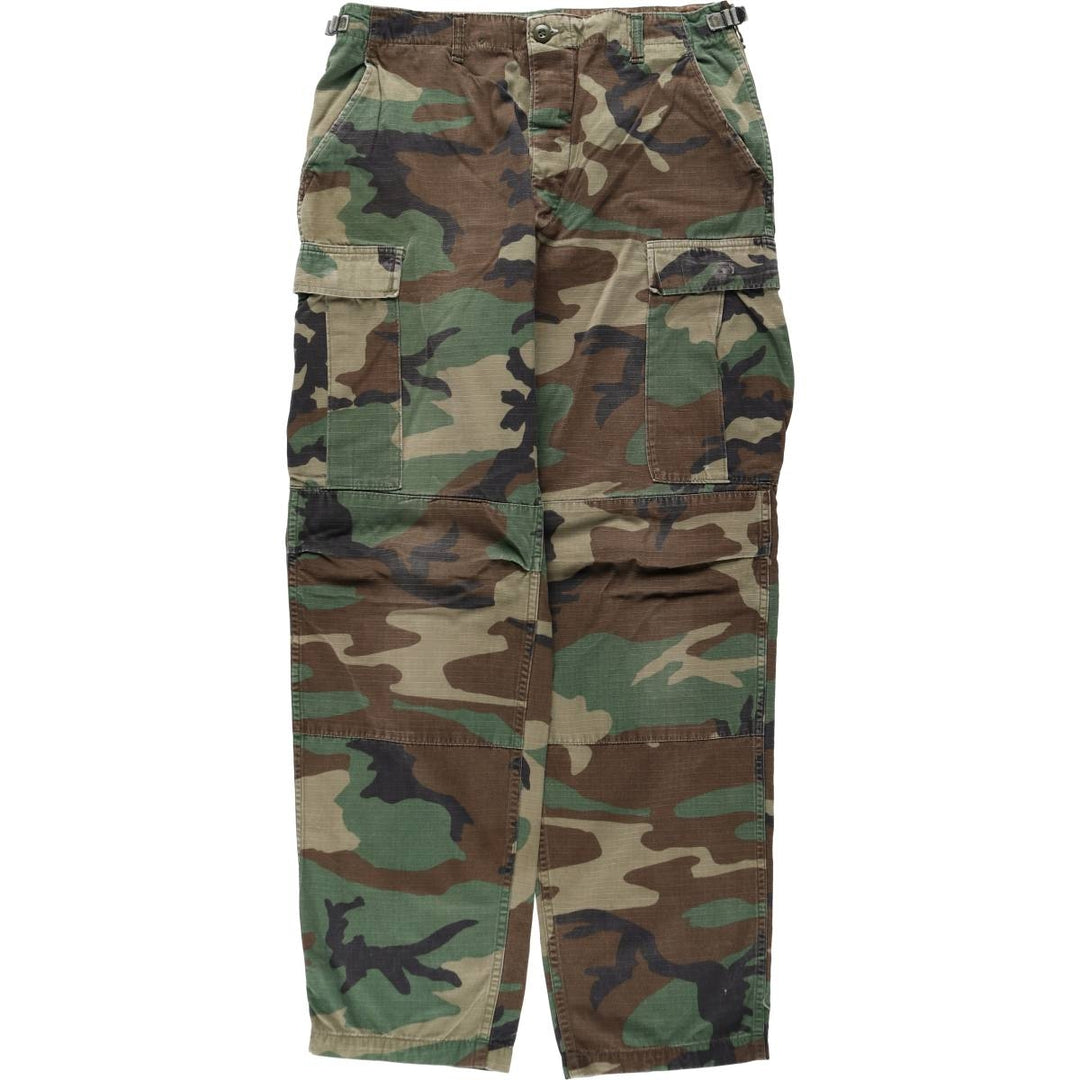 1990'S US Military Issue Camouflage Pattern Woodland Camo Ripstop Military Cargo Pants Combat Pants Made in USA MEDIUM-LONG cotton Khaki type Vintage Second Hand