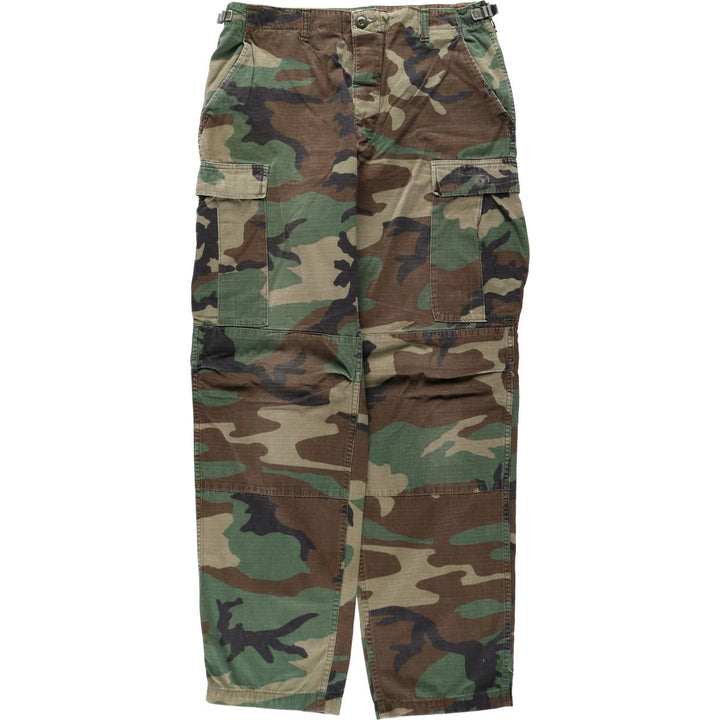1990'S US Military Issue Camouflage Pattern Woodland Camo Ripstop Military Cargo Pants Combat Pants Made in USA MEDIUM-LONG cotton Khaki type Vintage Second Hand