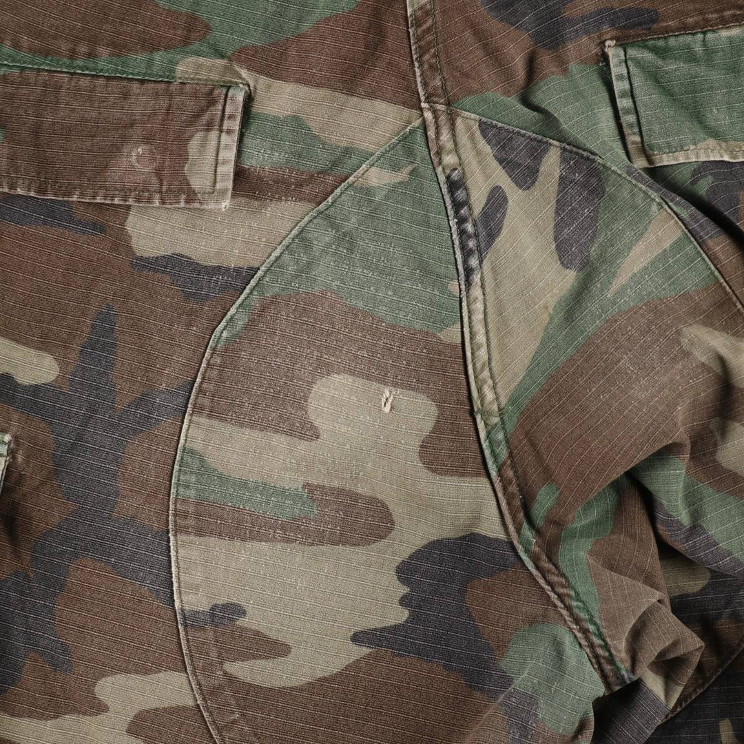 1990'S US Military Issue Camouflage Pattern Woodland Camo Ripstop Military Cargo Pants Combat Pants Made in USA MEDIUM-LONG cotton Khaki type Vintage Second Hand