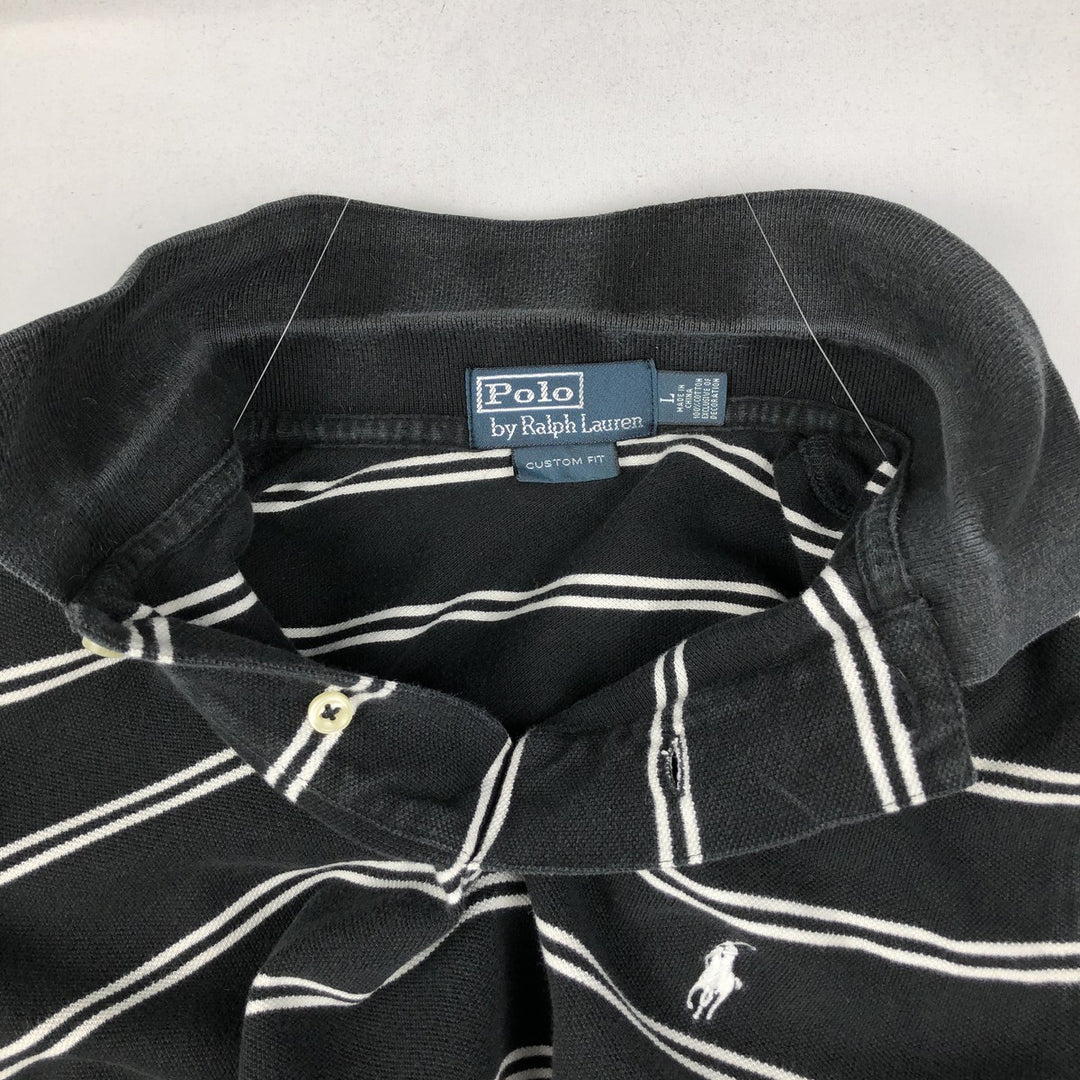 Ralph Lauren POLO by Ralph Lauren CUSTOM FIT short sleeve striped polo shirt men's size L cotton black type Vintage Second Hand