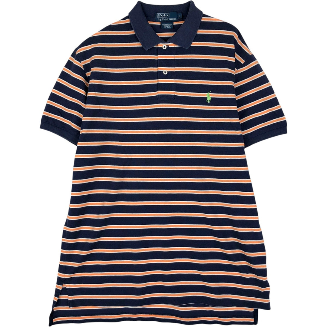 Ralph Lauren POLO by Ralph Lauren Multi-border short sleeve striped polo shirt Men's size L Pima Cotton navy blue type Vintage Second Hand
