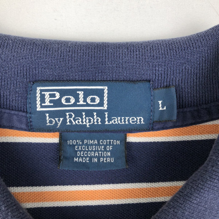 Ralph Lauren POLO by Ralph Lauren Multi-border short sleeve striped polo shirt Men's size L Pima Cotton navy blue type Vintage Second Hand