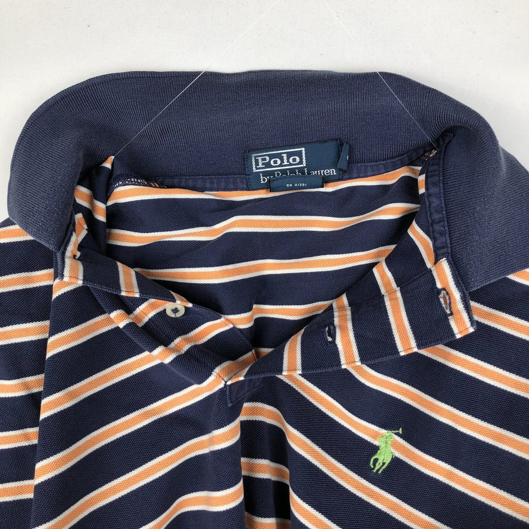 Ralph Lauren POLO by Ralph Lauren Multi-border short sleeve striped polo shirt Men's size L Pima Cotton navy blue type Vintage Second Hand