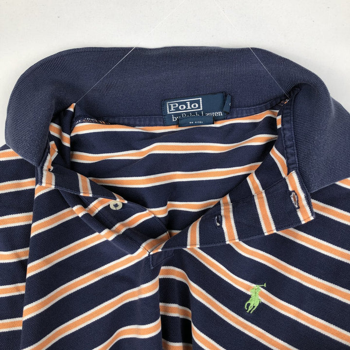 Ralph Lauren POLO by Ralph Lauren Multi-border short sleeve striped polo shirt Men's size L Pima Cotton navy blue type Vintage Second Hand
