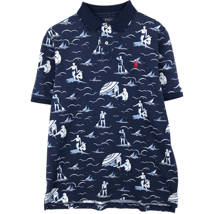 Ralph Lauren all-over print short-sleeved polo shirt, men's size M (approx.) cotton navy blue type Vintage Second Hand