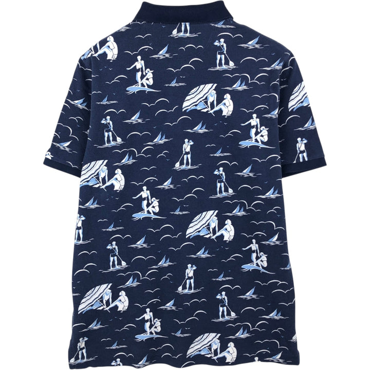Ralph Lauren all-over print short-sleeved polo shirt, men's size M (approx.) cotton navy blue type Vintage Second Hand