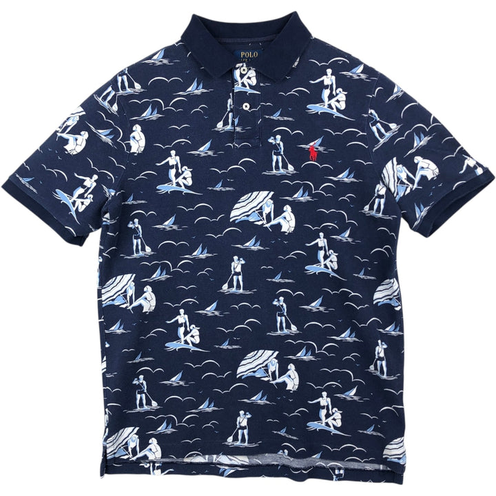 Ralph Lauren all-over print short-sleeved polo shirt, men's size M (approx.) cotton navy blue type Vintage Second Hand
