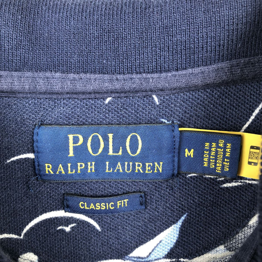 Ralph Lauren all-over print short-sleeved polo shirt, men's size M (approx.) cotton navy blue type Vintage Second Hand