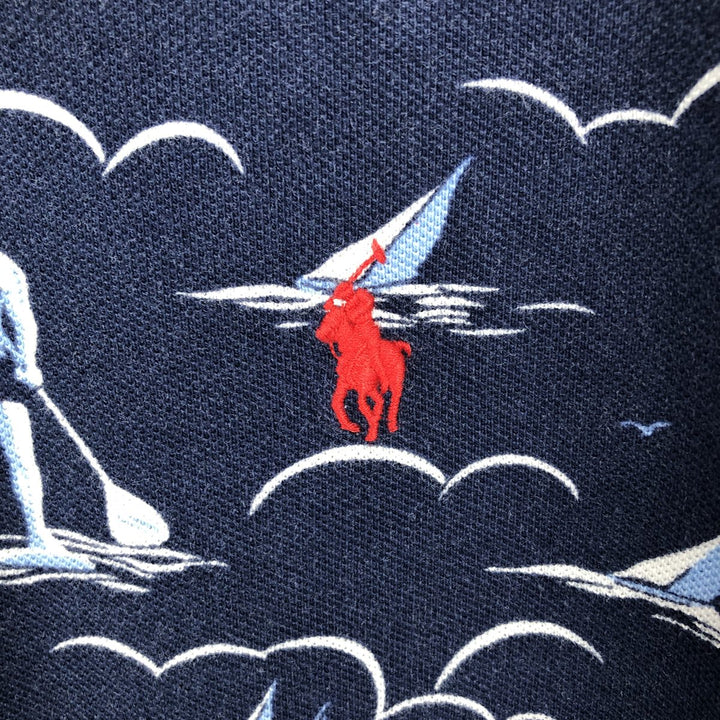 Ralph Lauren all-over print short-sleeved polo shirt, men's size M (approx.) cotton navy blue type Vintage Second Hand