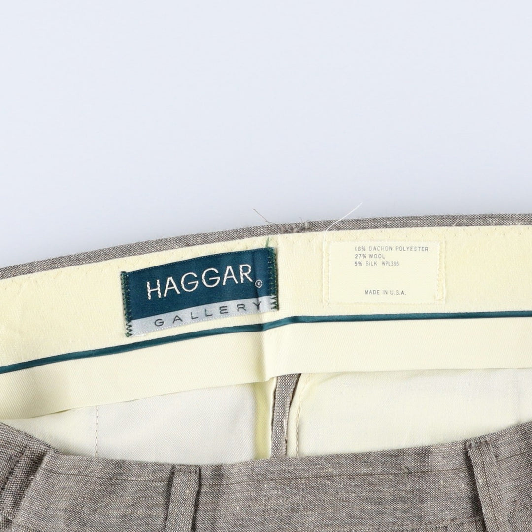 Haggar Gallery Stripe Pattern Two-Pleat Slacks Pants, Made in USA, Men's W35 (approx.), Vintage polyester beige type brown Vintage Second Hand