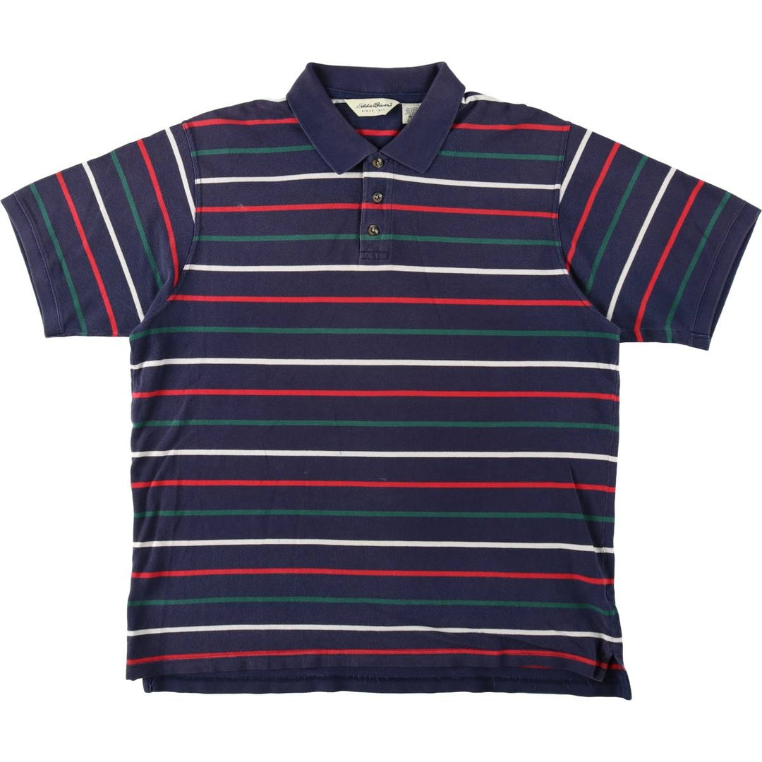 Eddie Bauer Multi-stripe Short-Sleeve Polo Shirt, Men's Size XL (approx.) cotton navy blue type Vintage Second Hand