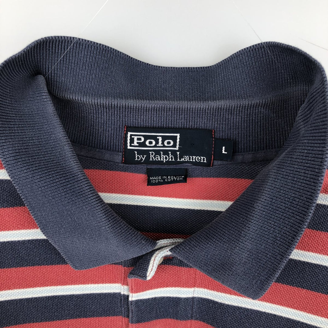Ralph Lauren POLO by Ralph Lauren Multi-border short sleeve striped polo shirt Men's size L cotton red type Vintage Second Hand
