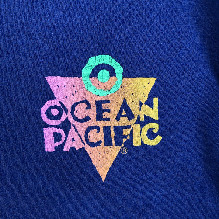 80s-90'S Ocean Pacific surf/skate t-shirt, made in USA, men's size L equivalent, vintage. cotton navy blue type Vintage Second Hand