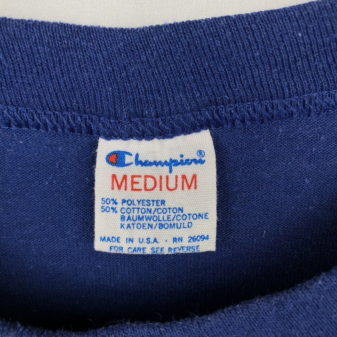 90'S Champion Tricot Tag Sport Print T-Shirt, Made in USA, Men's Size M (Equivalent), Vintage polyester Navy blue Vintage Second Hand