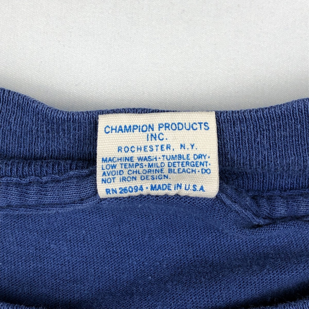 70'S Champion Bar Tag College T-Shirt, Made in USA, Men's Size L (Equivalent), Vintage cotton navy blue type Vintage Second Hand