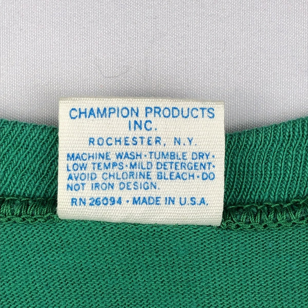 70'S Champion Bar Tag Sport Print T-Shirt Made in USA Men's L Size Vintage cotton green type Vintage Second Hand