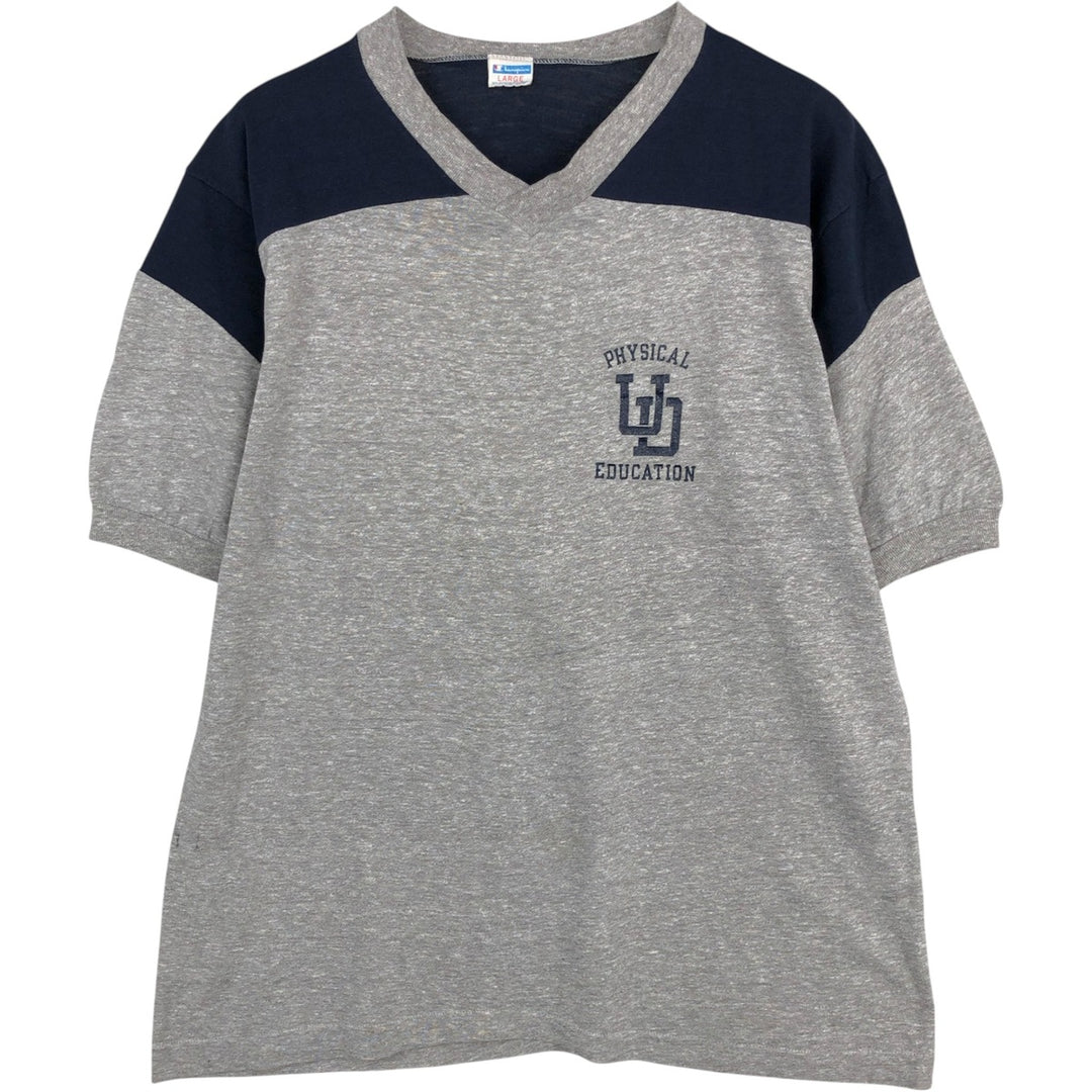70'S Champion V-neck T-shirt with bar tag, Made in USA, Men's size L equivalent, Vintage polyester navy blue type Vintage Second Hand
