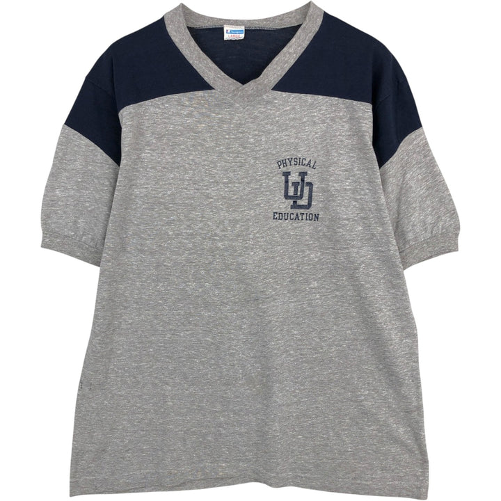 70'S Champion V-neck T-shirt with bar tag, Made in USA, Men's size L equivalent, Vintage polyester navy blue type Vintage Second Hand