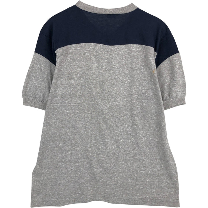 70'S Champion V-neck T-shirt with bar tag, Made in USA, Men's size L equivalent, Vintage polyester navy blue type Vintage Second Hand