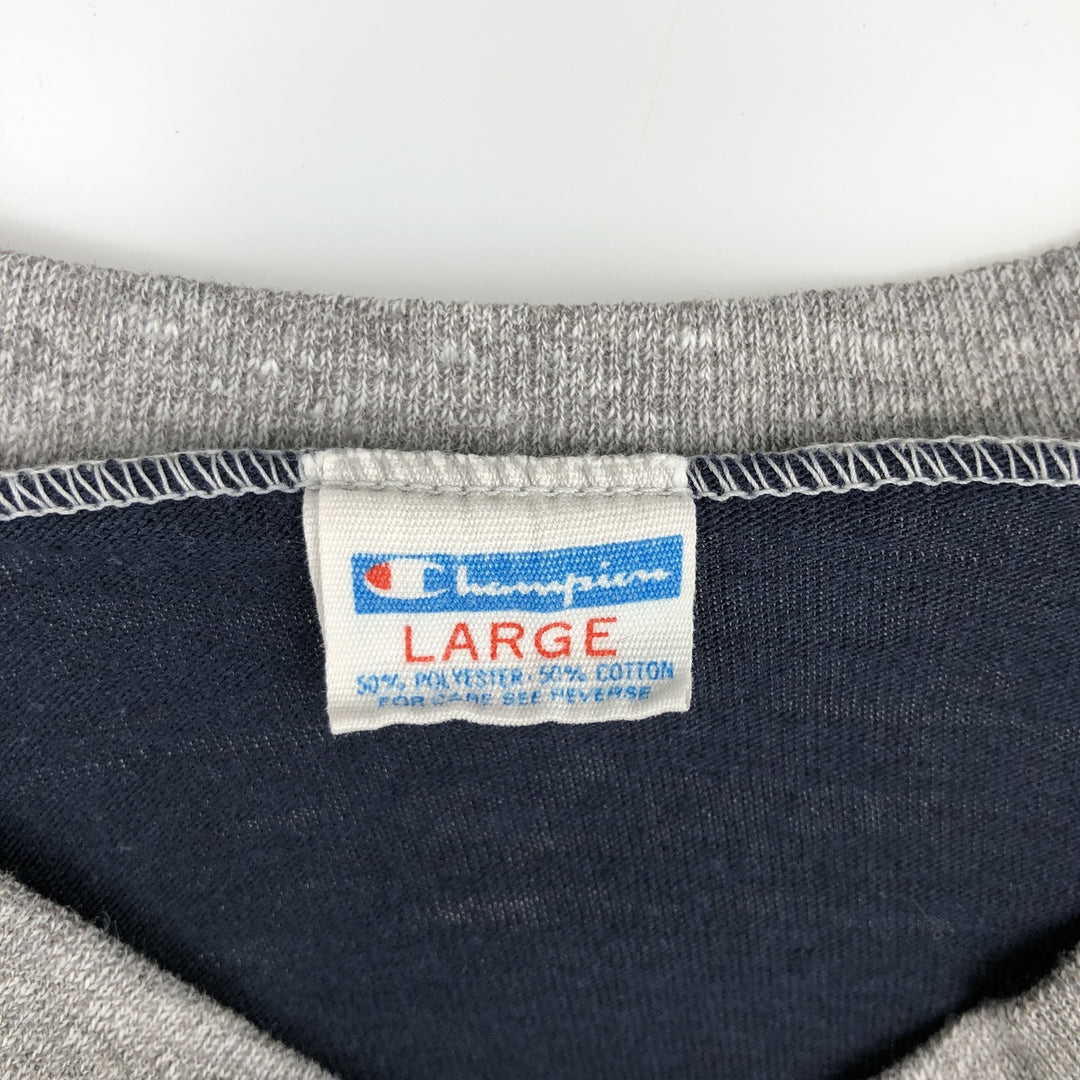 70'S Champion V-neck T-shirt with bar tag, Made in USA, Men's size L equivalent, Vintage polyester navy blue type Vintage Second Hand