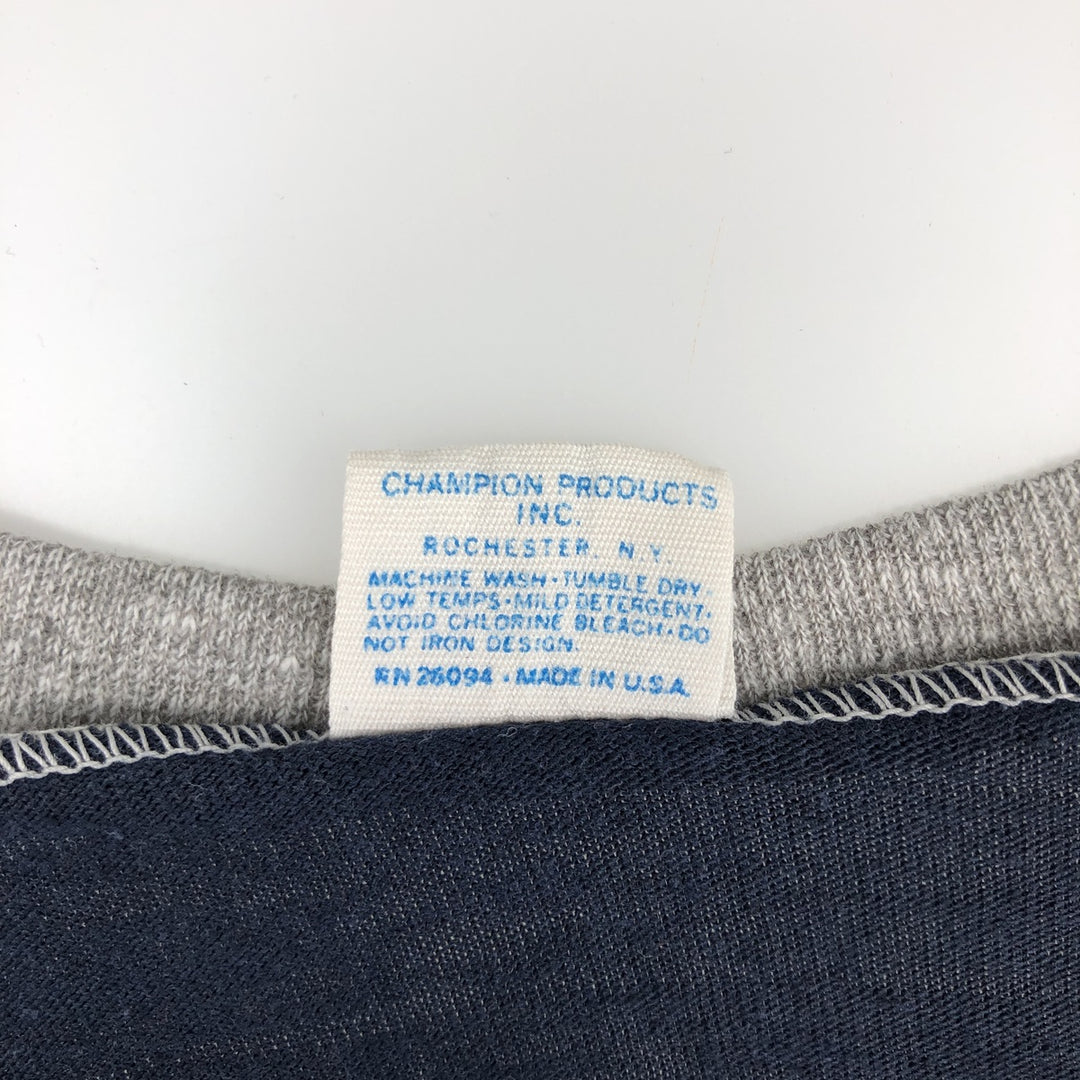 70'S Champion V-neck T-shirt with bar tag, Made in USA, Men's size L equivalent, Vintage polyester navy blue type Vintage Second Hand