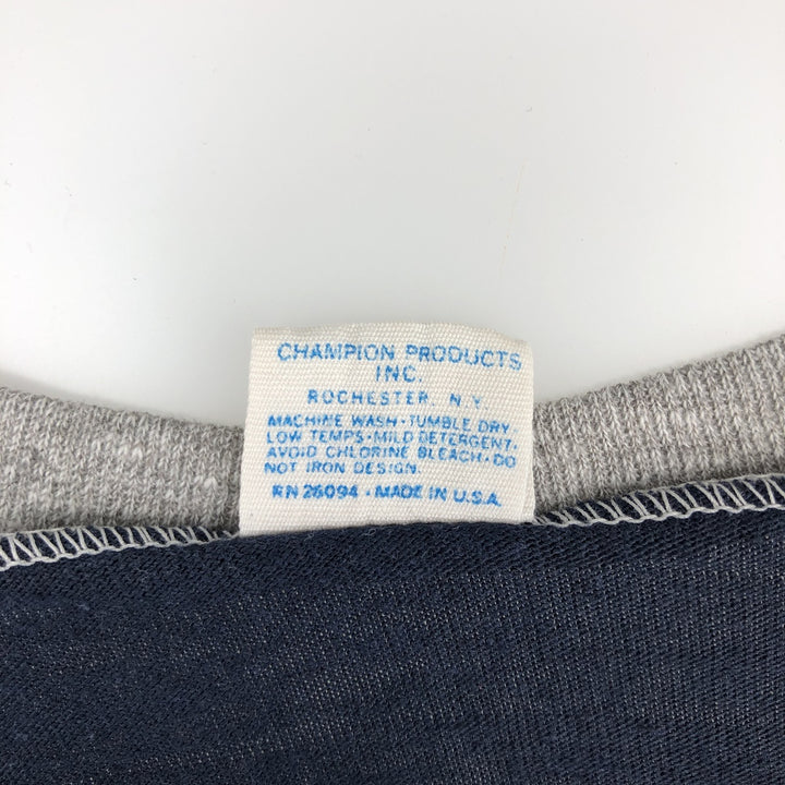 70'S Champion V-neck T-shirt with bar tag, Made in USA, Men's size L equivalent, Vintage polyester navy blue type Vintage Second Hand
