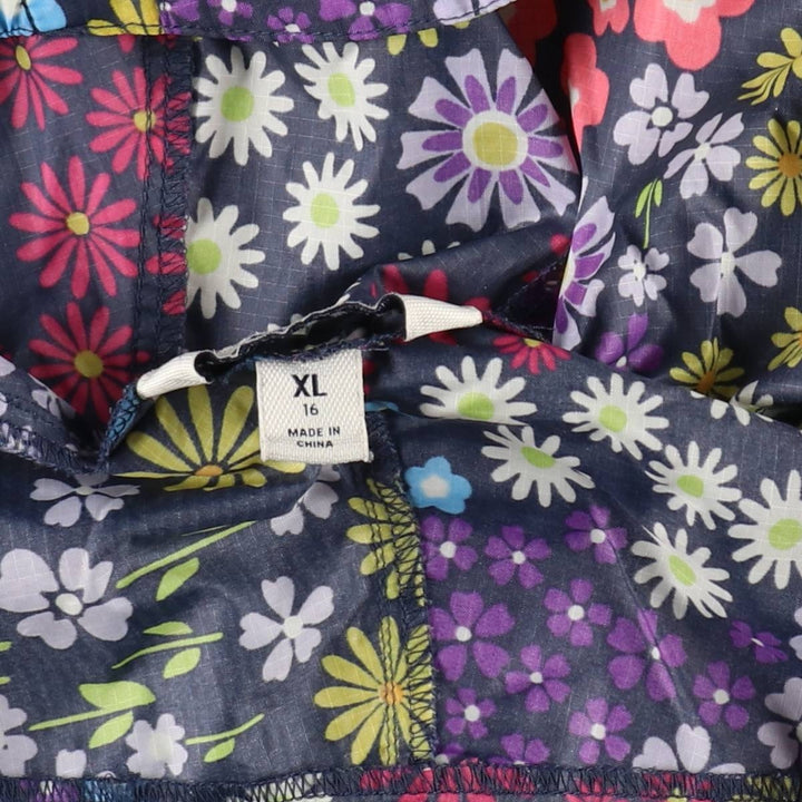Lands' End all-over floral print nylon parka, women's size XL (approx.) Nylon navy blue type Vintage Second Hand