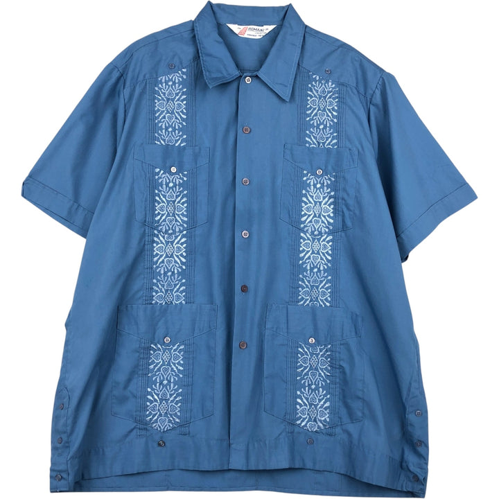 80s-90'S ROMANI Short-Sleeve Mexican Shirt, Cuban Shirt, Boxy Shirt, Men's Size M (approx.) polyester blue type Vintage Second Hand