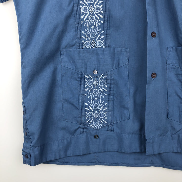 80s-90'S ROMANI Short-Sleeve Mexican Shirt, Cuban Shirt, Boxy Shirt, Men's Size M (approx.) polyester blue type Vintage Second Hand