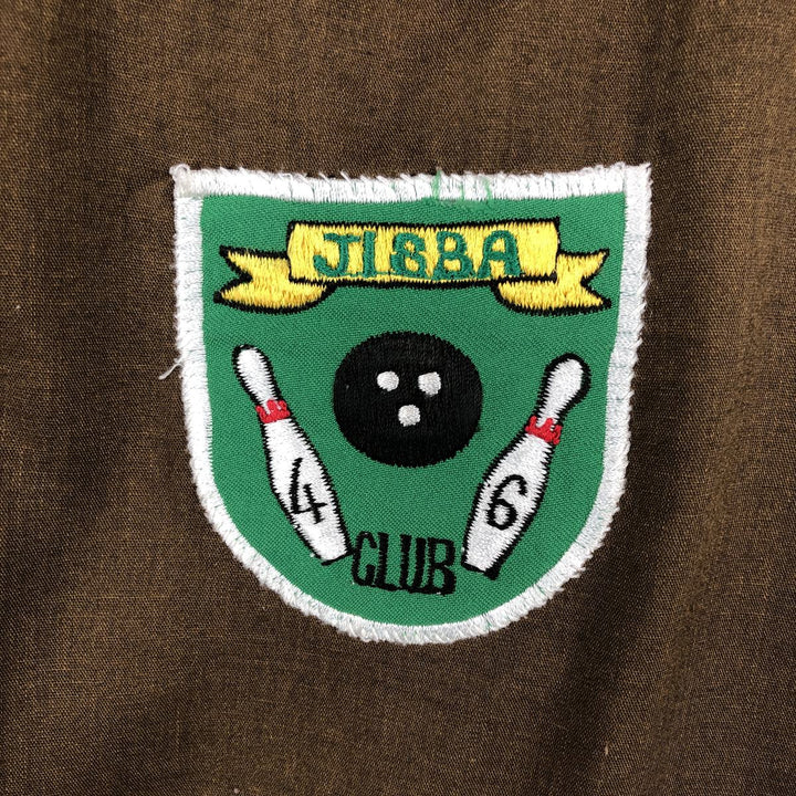 1970'S King Louie short-sleeved bowling shirt with custom patches, boxy style, made in USA, men's size M equivalent, vintage. polyester brown type Vintage Second Hand
