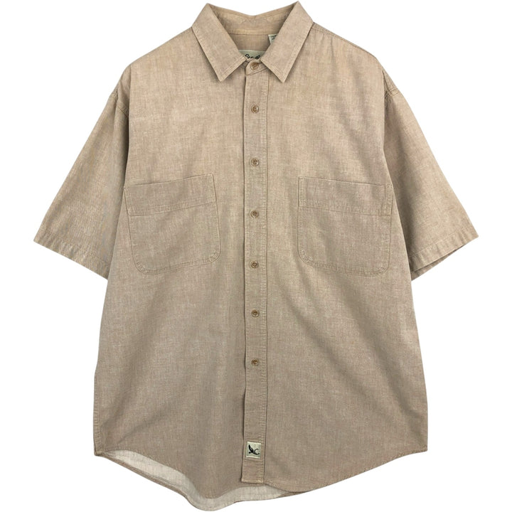 1990'S Eddie Bauer Short-Sleeve Cotton Shirt, Men's Size L (approx.), Vintage cotton beige type brown Vintage Second Hand