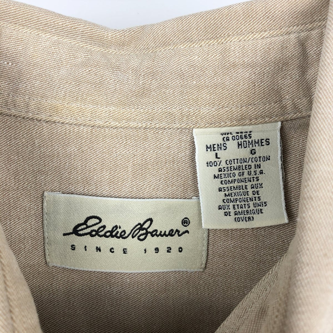 1990'S Eddie Bauer Short-Sleeve Cotton Shirt, Men's Size L (approx.), Vintage cotton beige type brown Vintage Second Hand