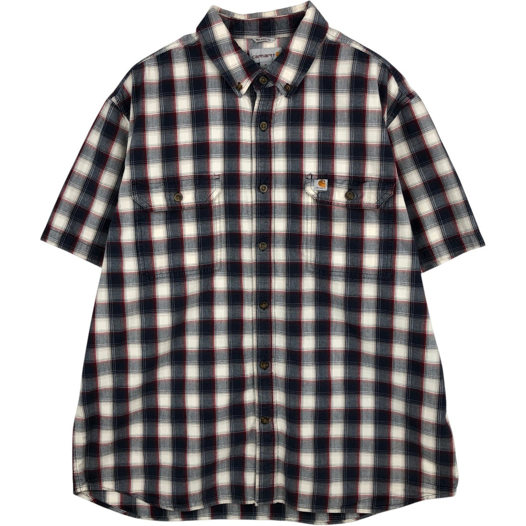 Carhartt RELAXED FIT Check Pattern Button-down Short Sleeve Work Shirt, Men's XL cotton navy blue type Vintage Second Hand