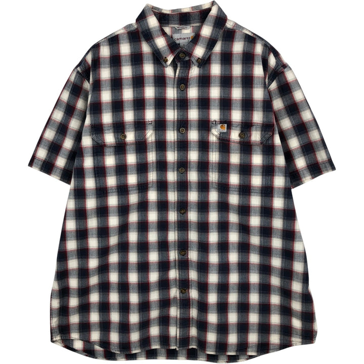 Carhartt RELAXED FIT Check Pattern Button-down Short Sleeve Work Shirt, Men's XL cotton navy blue type Vintage Second Hand