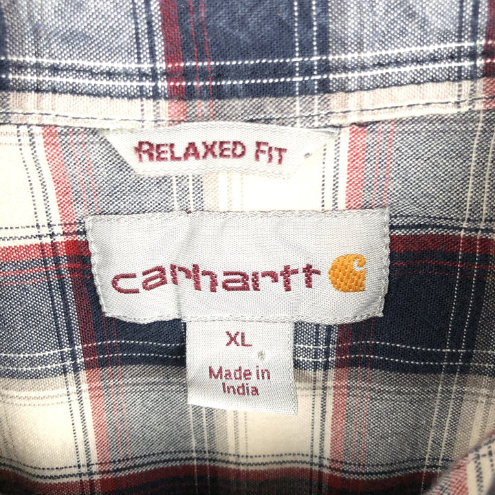 Carhartt RELAXED FIT Check Pattern Button-down Short Sleeve Work Shirt, Men's XL cotton navy blue type Vintage Second Hand