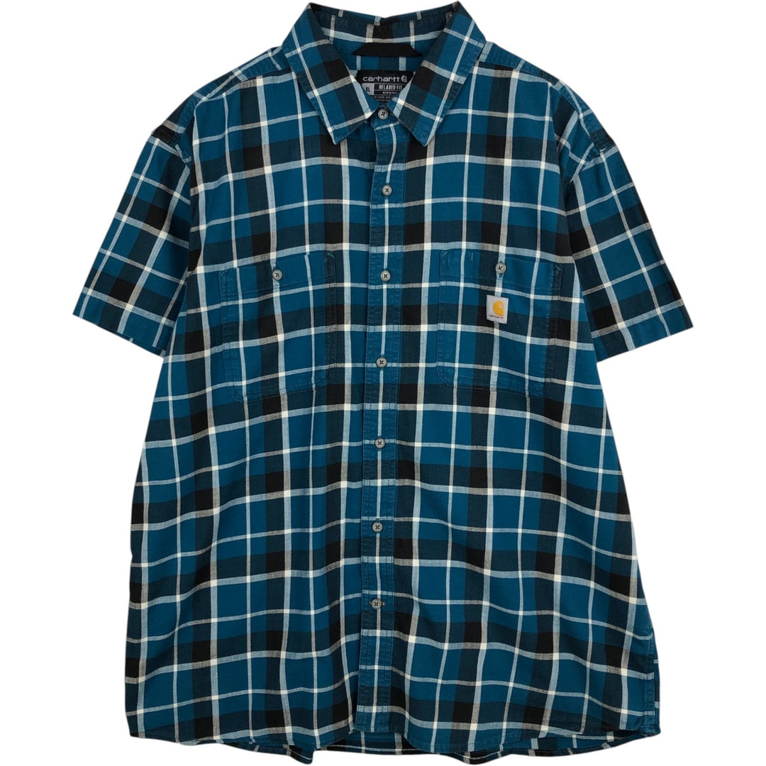 Carhartt RELAXED FIT Check Pattern Short Sleeve Work Shirt Men's XL cotton Navy blue Vintage Second Hand