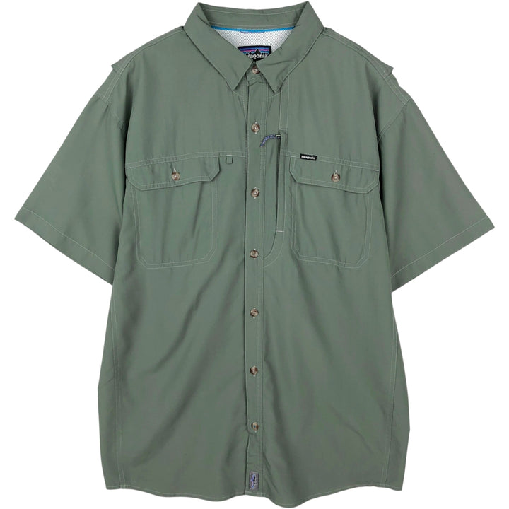 Patagonia 54234SP17 Concealed Button-Down Short-Sleeve Polyester Shirt, Men's Size L (approx.) polyester Khaki type Vintage Second Hand