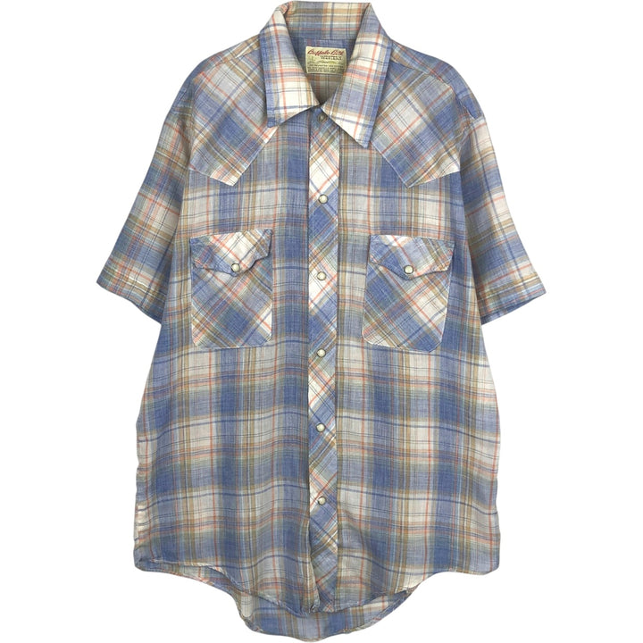 Buffalo Bill Western Check Pattern Short-Sleeve Western Shirt, Made in USA, Men's Size L (approx.) polyester Blue type light blue Vintage Second Hand