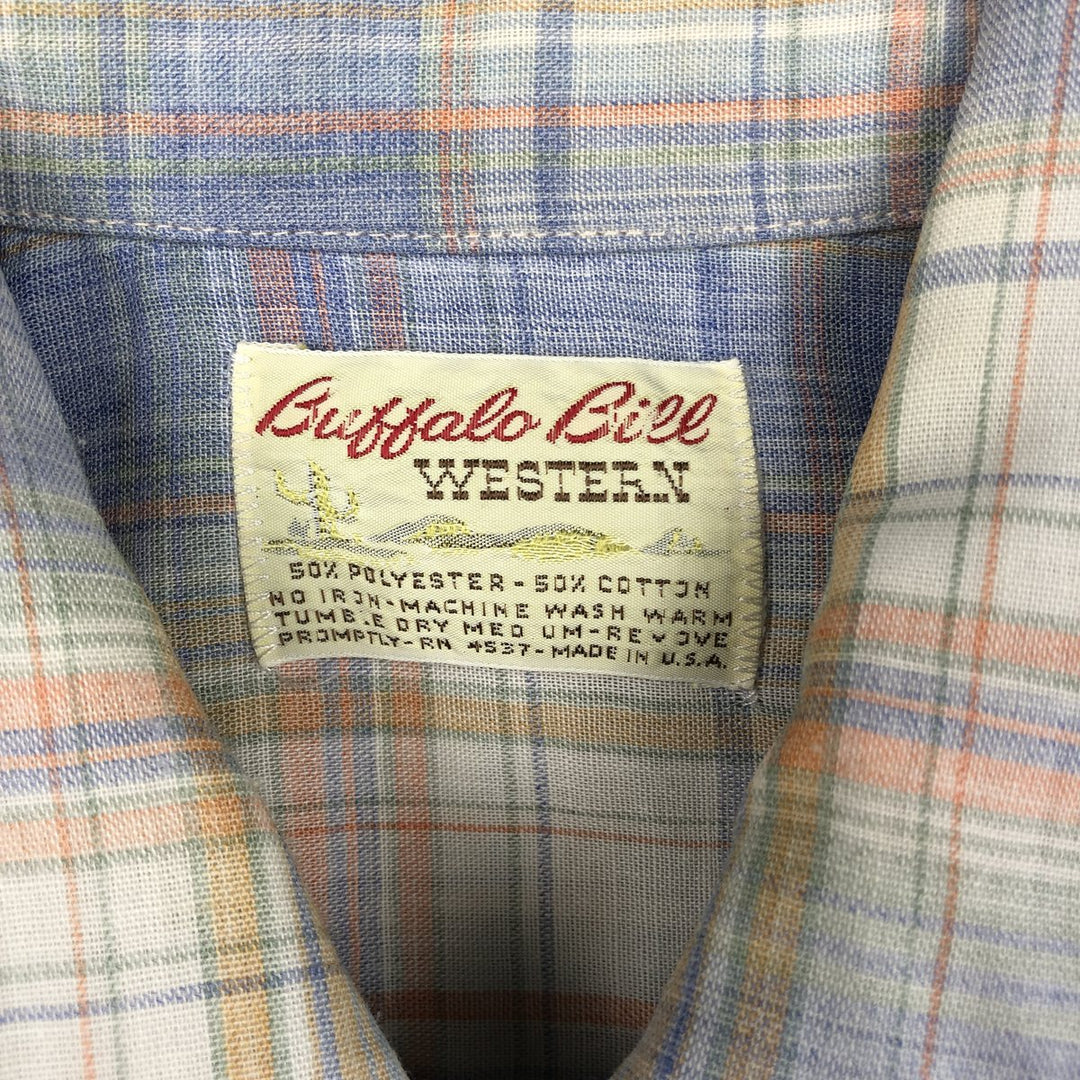 Buffalo Bill Western Check Pattern Short-Sleeve Western Shirt, Made in USA, Men's Size L (approx.) polyester Blue type light blue Vintage Second Hand