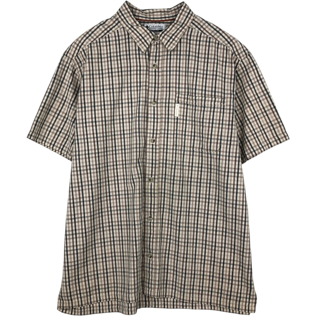 2000'S Columbia Short-Sleeve Cotton Check Shirt, Boxy Shirt, Men's Size XXL (approx.) cotton Beige type Vintage Second Hand