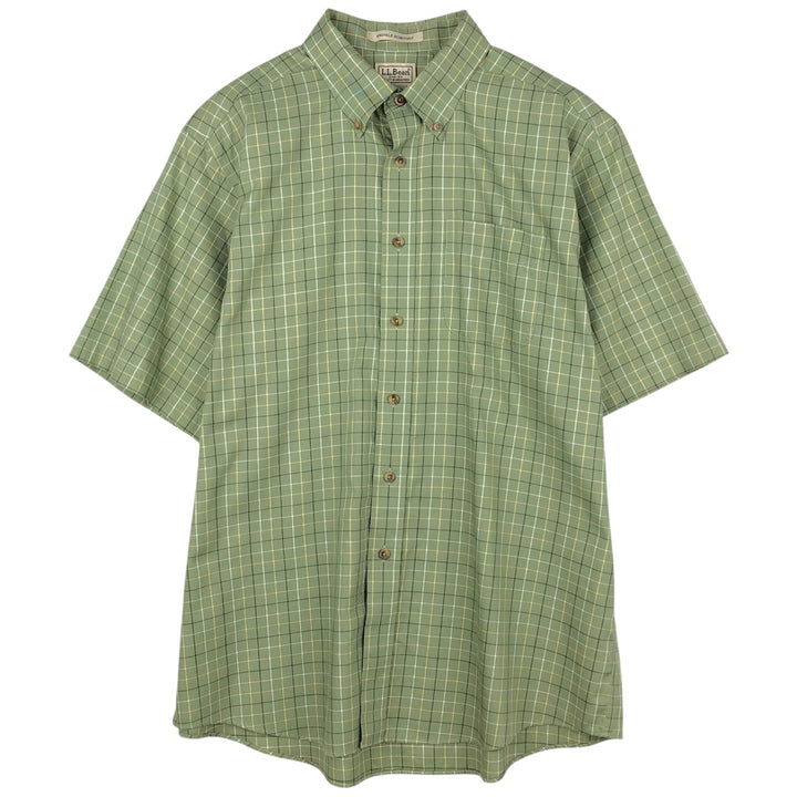 90s-00'S LLBean Short-Sleeve Button-Down Check Shirt, Men's Size L (approx.), Vintage cotton Khaki type Vintage Second Hand