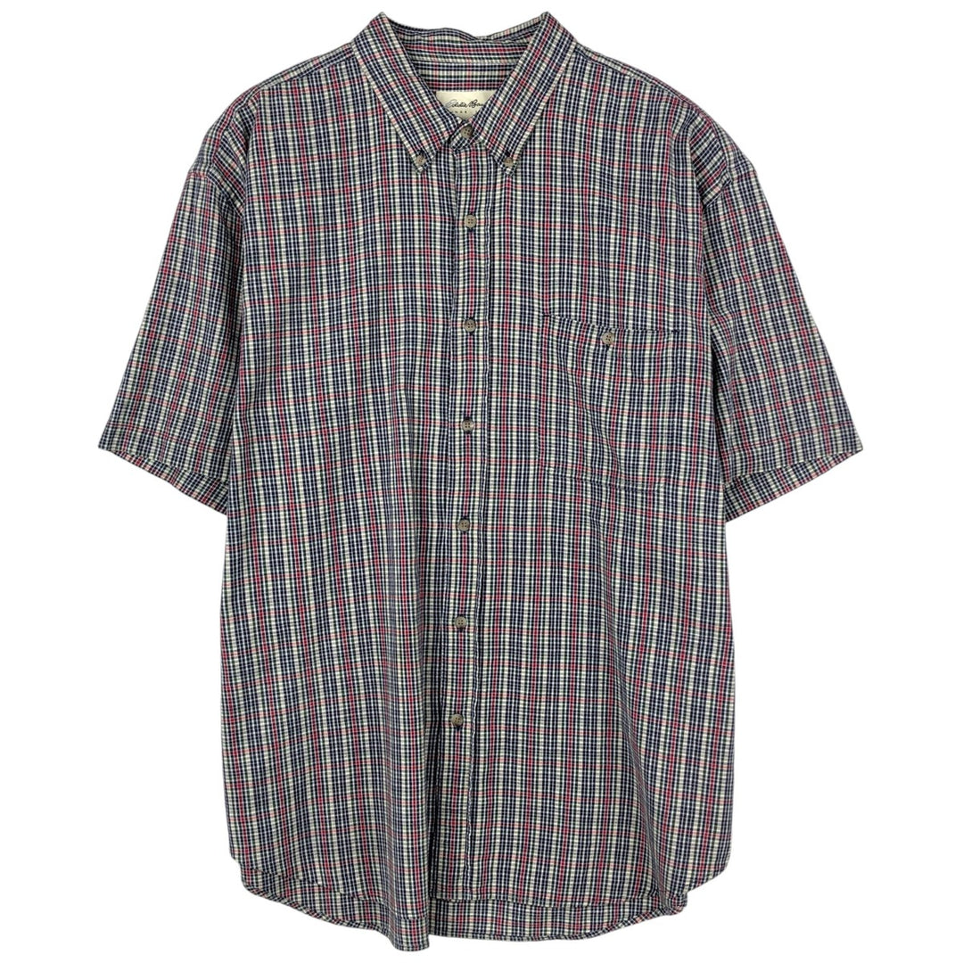 1990'S Eddie Bauer Short-Sleeve Button-Down Check Shirt, Men's Size XL (Equivalent), Vintage cotton navy blue type Vintage Second Hand