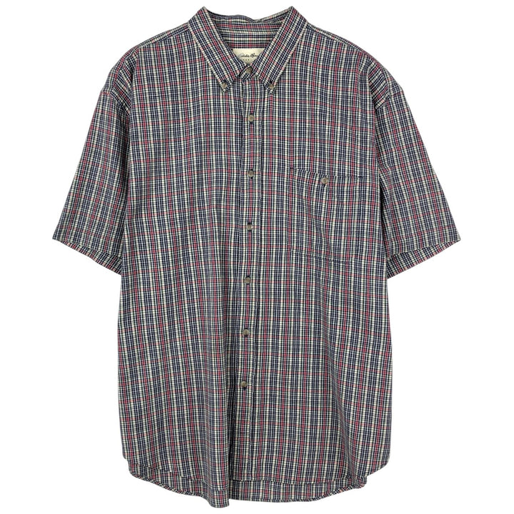 1990'S Eddie Bauer Short-Sleeve Button-Down Check Shirt, Men's Size XL (Equivalent), Vintage cotton navy blue type Vintage Second Hand