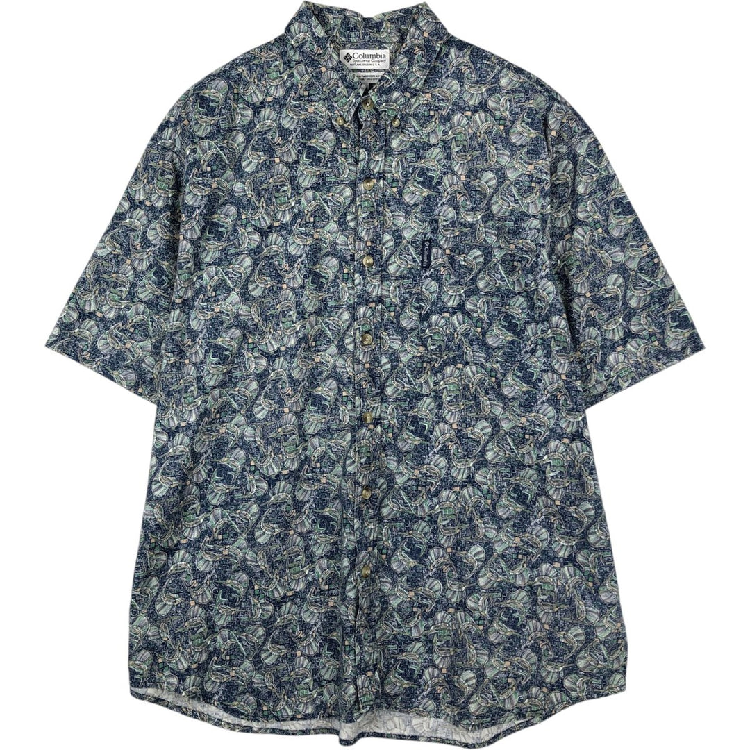 90s-00'S Columbia all-over fish print short-sleeved button-down shirt, men's size XL, vintage. cotton navy blue type Vintage Second Hand