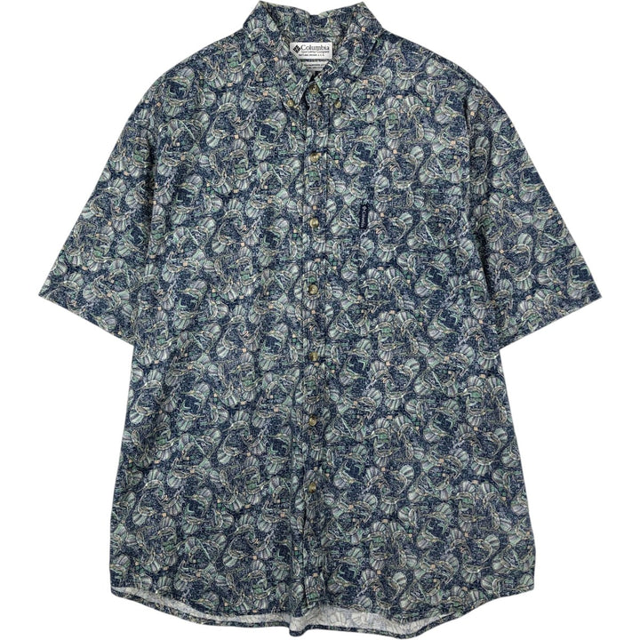 90s-00'S Columbia all-over fish print short-sleeved button-down shirt, men's size XL, vintage. cotton navy blue type Vintage Second Hand