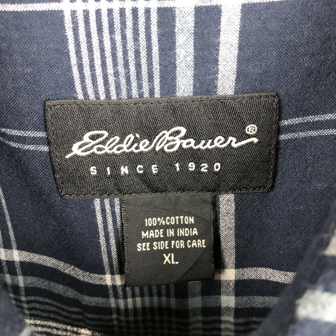 Eddie Bauer Short-Sleeve Button-Down Check Shirt, Men's Size XL (approx.) cotton navy blue type Vintage Second Hand
