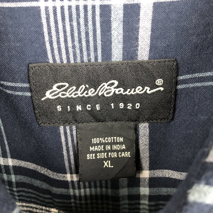 Eddie Bauer Short-Sleeve Button-Down Check Shirt, Men's Size XL (approx.) cotton navy blue type Vintage Second Hand